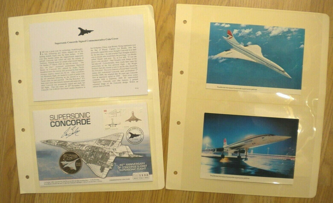 SUPERSONIC CONCORDE SIGNED £5 COIN COVER PNC & 2 FLOWN CONCORDE POSTCARDS