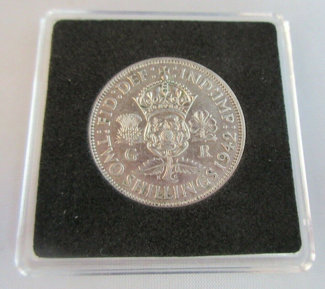 1942 KING GEORGE VI  .500 SILVER FLORIN TWO SHILLINGS COIN WITH QUADRANT CAPSULE