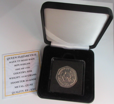 1983 QEII MANX TT ROAD RACE RON HASLAM MINT MARK AA FIFTY PENCE COIN BOX & COA