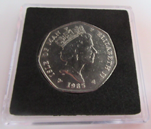 Load image into Gallery viewer, 1985 QEII CHRISTMAS COLLECTION MANX POST BI-PLANE MINT MARK AA 50P COIN BOX &amp;COA
