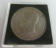 Load image into Gallery viewer, 1871 AMADEO I REY SDM SPANISH MADRID MINT .900 SILVER BUNC 5 PESETAS COIN BOXED
