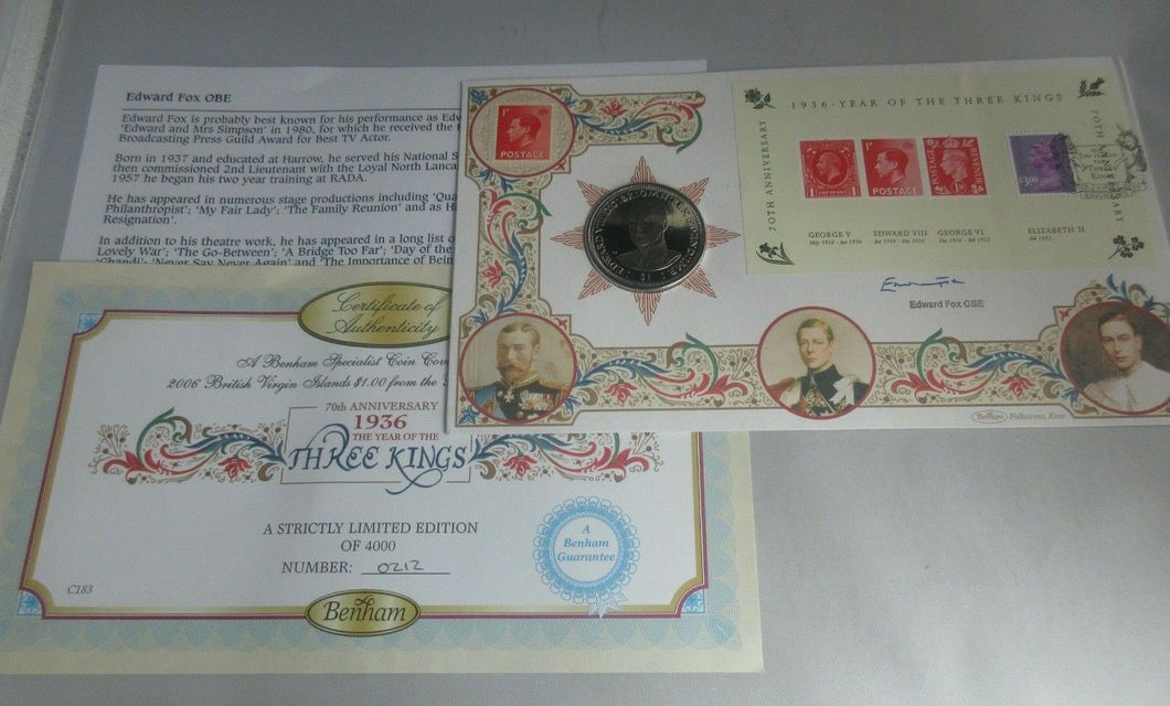 1936 Year of 3 Kings Edward VIII BVI Proof $1 Coin COA PNC Signed Edward Fox OBE