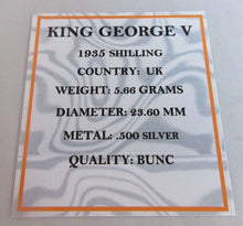 Load image into Gallery viewer, 1935 KING GEORGE V BARE HEAD .500 SILVER BUNC ONE SHILLING COIN BOXED WITH COA
