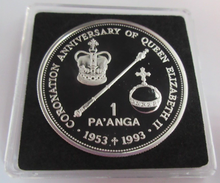 Load image into Gallery viewer, 1993 CORONATION ANNIVERSARY CROWN SILVER PROOF TONGA 1 PA ANGA COIN BOX &amp; COA
