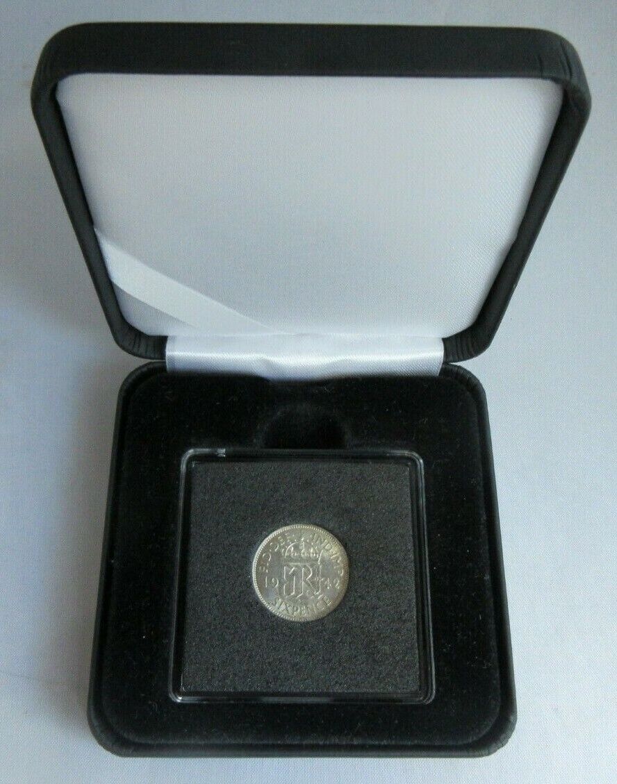 1942 KING GEORGE VI BARE HEAD .500 SILVER aUNC 6d SIXPENCE COIN CAPSULE & BOX