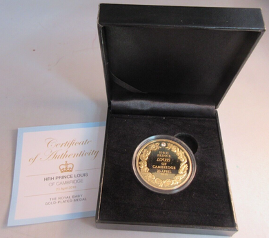 2018 HRH PRINCE LOUIS OF CAMBRIDGE THE ROYAL BABY GOLD PLATED MEDAL BOX & COA