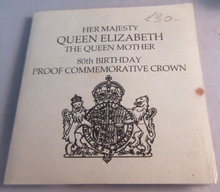 Load image into Gallery viewer, 1980 UK QUEEN ELIZABETH THE QUEEN MOTHER 80th BIRTHDAY PROOF CROWN BOX &amp; COA
