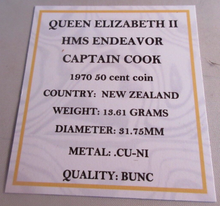 Load image into Gallery viewer, 1970 HMS ENDEAVOR CAPTAIN COOK QEII BUNC NEW ZEALAND 50 CENT COIN WITH COA
