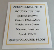 Load image into Gallery viewer, 2002 QEII GOLDEN JUBILEE QUEENS CROWN 50P CROWN COLOURED PROOF BOXED WITH COA
