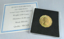 Load image into Gallery viewer, 1953 QUEEN ELIZABETH II THREE PENCE 3d BRASS PROOF COIN WITH QUAD CAPSULE &amp; COA
