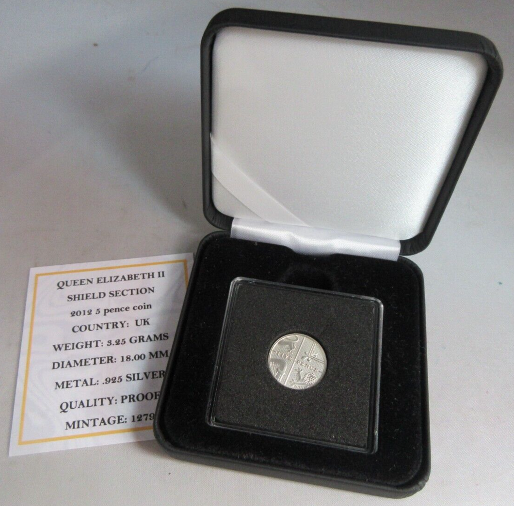 2012 QEII SHIELD SECTION SILVER PROOF FIVE PENCE 5P COIN BOX & COA