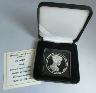 2002 MEMORIAL OF QUEEN MOTHER BAILIWICK OFJERSEY £5 FIVE POUND COIN BOX & COA