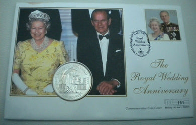 1947-1997 THE ROYAL WEDDING ANNIVERSARY BUNC £5 COMMEMORATIVE COIN COVER PNC