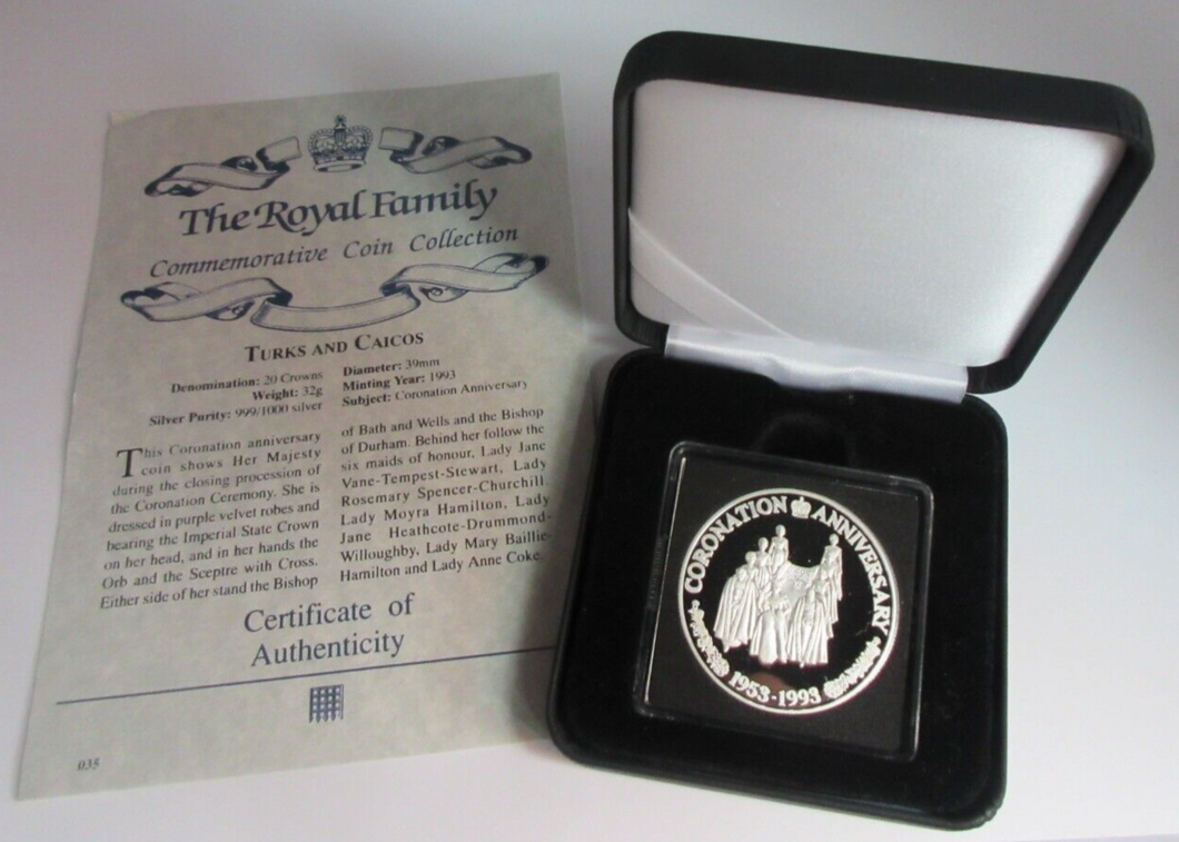 1993 QEII CORONATION ANNIVERSARY SILVER PROOF 20 CROWNS COIN BOX & COA