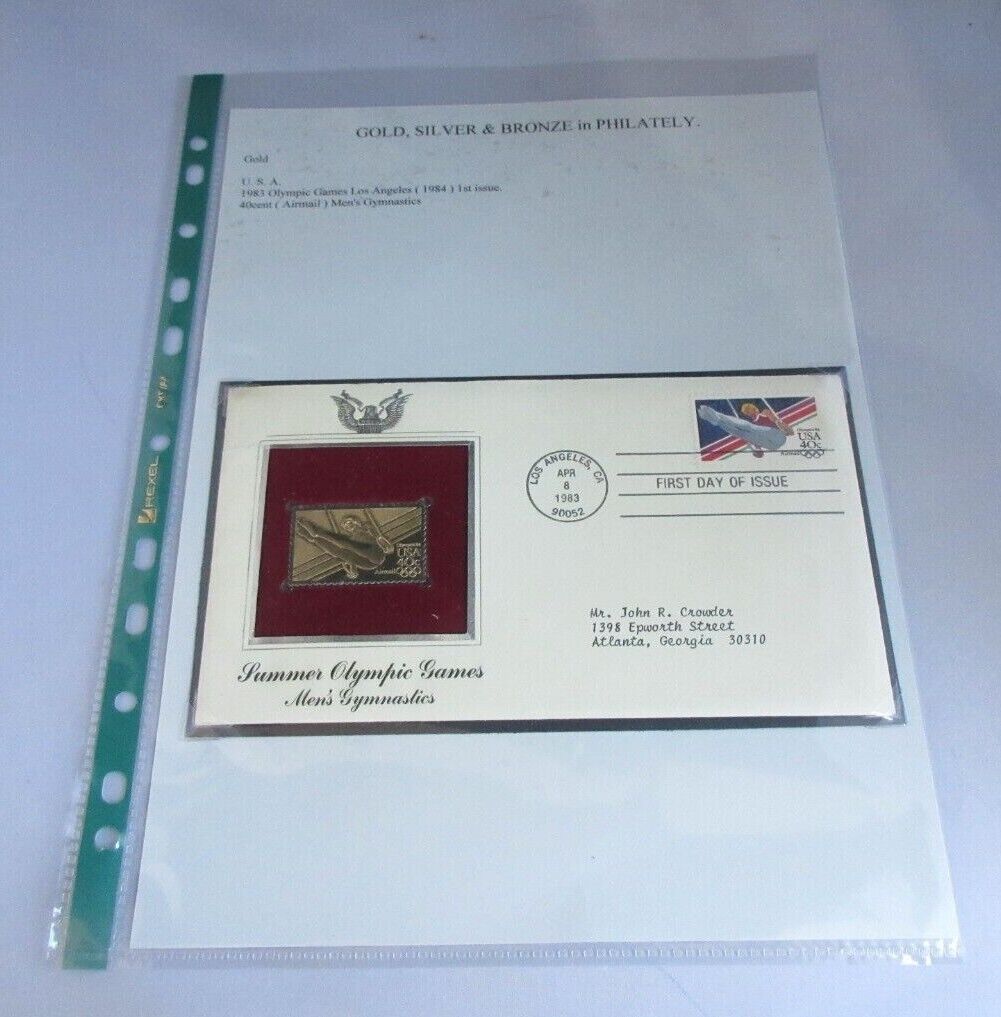 1983 USA SUMMER OLYMPIC GAMES MENS GYMNASTICS GOLD PLATED 40C STAMP COVER FDC