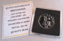 Load image into Gallery viewer, 2019 BRITANNIA QEII BUNC 50P FIFTY PENCE COIN WITH QUAD CAPSULE &amp; COA
