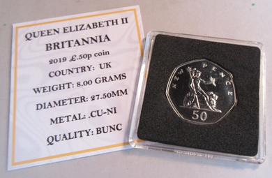 2019 BRITANNIA QEII BUNC 50P FIFTY PENCE COIN WITH QUAD CAPSULE & COA