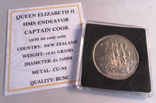 Load image into Gallery viewer, 1970 HMS ENDEAVOR CAPTAIN COOK QEII BUNC NEW ZEALAND 50 CENT COIN WITH COA
