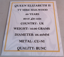 Load image into Gallery viewer, 2018 TT MIKE HAILWOOD 60 YEARS QEII BUNC £2 TWO POUND COIN  QUAD CAPSULE &amp; COA
