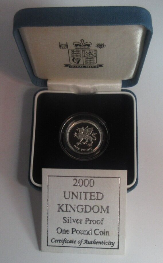 2000 Welsh Dragon Silver Proof Royal Mint UK £1 Coin Box + COA