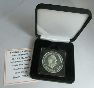 1965 PRESIDENT KAUNDA 24TH OCTOBER PROOF ZAMBIA 5 SHILLINGS COIN WITH BOX & COA