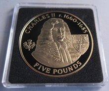 Load image into Gallery viewer, 2007 QEII CHARLES II HISTORY OF THE MONARCHY ALDERNEY S/PROOF £5 COIN BOX &amp; COA
