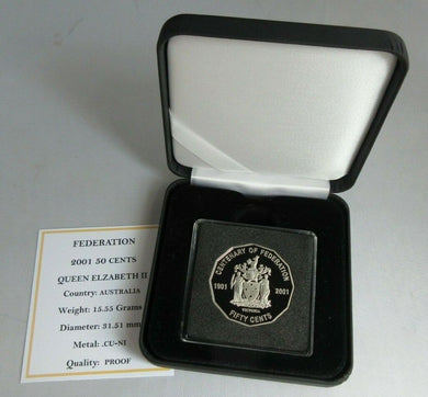 2001 QUEEN ELIZABETH II CENTENARY OF FEDERATION AUSTRALIA PROOF 50 CENTS BOX&COA