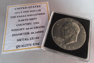 1974 USA P THE EAGLE HAS LANDED EARTH SHOT ONE DOLLAR $1 COIN UNC CAPSULE & COA