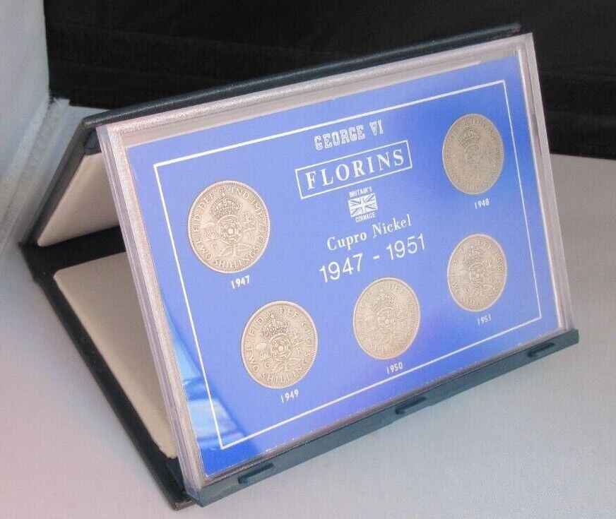 1947-1951 QUEEN ELIZABETH II FLORINS BUNC 5 COIN SET IN ROYAL MINT BLUE BOOK