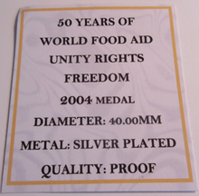 Load image into Gallery viewer, 2004 50 YEARS OF WORLD FOOD AID SILVER PLATED PROOF MEDAL CAPSULE BOX &amp; COA
