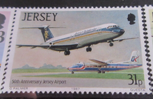 Load image into Gallery viewer, 50TH &amp; 60th ANNIVERSARY OF JERSEY AIRPORT 5 X STAMPS MNH WITH STAMP HOLDER
