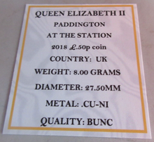 Load image into Gallery viewer, 2018 PADDINGTON AT THE STATION QEII BUNC 50P FIFTY PENCE COIN QUAD CAPSULE &amp; COA
