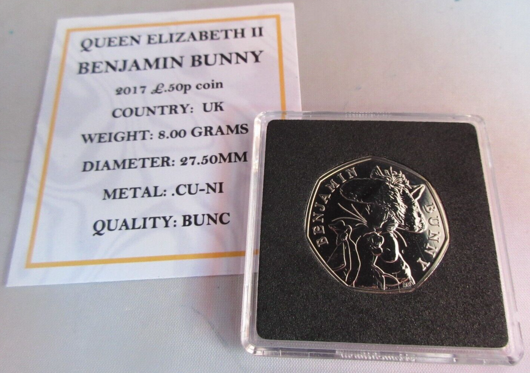 2017 BENJAMIN BUNNY QEII BUNC 50P FIFTY PENCE COIN QUAD CAPSULE & COA