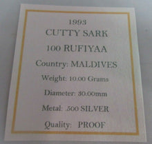 Load image into Gallery viewer, 1993 CUTTY SARK SILVER PROOF 100 RUFIYAA COIN MALDIVES WITH BOX &amp; COA
