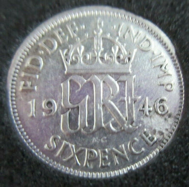 1946 KING GEORGE VI BARE HEAD .500 SILVER EF 6d SIXPENCE COIN IN CAPSULE