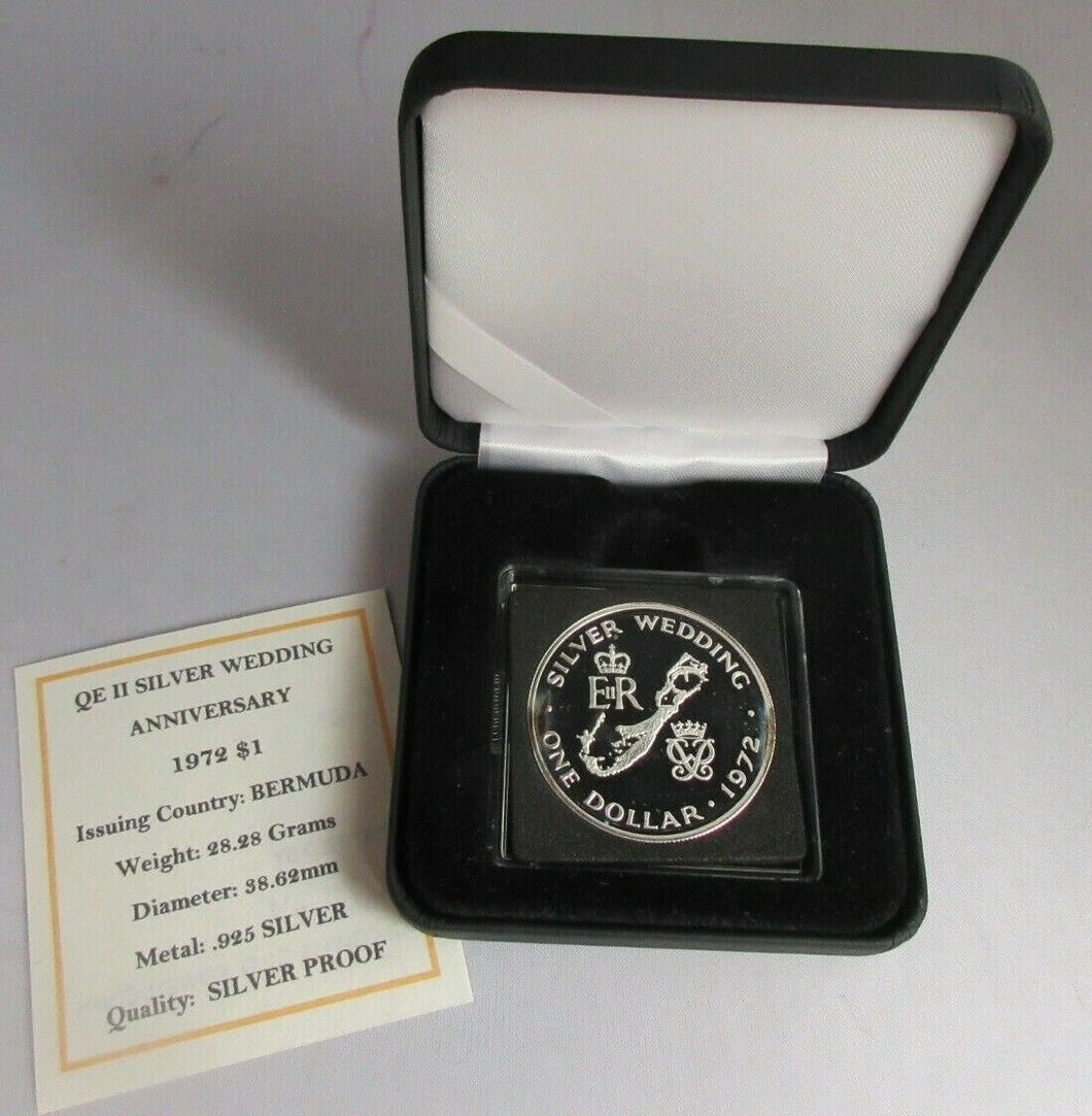 1972 QUEEN ELIZABETH II SILVER WEDDING BERMUDA SILVER PROOF ONE DOLLAR COIN &BOX