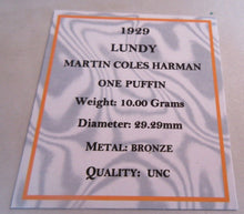 Load image into Gallery viewer, 1929 LUNDY ISLAND BRONZE ONE PUFFIN MARTIN COLES HARMAN UNC WITH BOX &amp; COA
