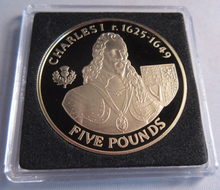 Load image into Gallery viewer, 2007 QEII CHARLES I HISTORY OF THE MONARCHY ALDERNEY S/PROOF £5 COIN BOX &amp; COA
