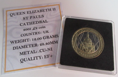 2005 QUEEN ELIZABETH II ST PAULS CATHEDRAL TWO POUND COIN £2 EF+ WITH COA