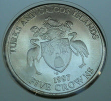 Load image into Gallery viewer, 1997 GOLDEN WEDDING ANNIVERSARY, TURKS &amp; CAICOS ISLANDS BUNC 5 CROWNS COIN, PNC

