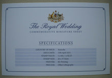 Load image into Gallery viewer, 2011 ROYAL WEDDING WILLIAM &amp; CATHERINE 29APRIL2011 AUSTRALIA MINIATURE SHEET MNH
