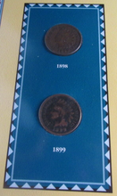 Load image into Gallery viewer, INDIAN HEAD PENNIES ISSUED 1898 &amp; 1899 WITH POSTAGE STAMPS ON ALBUM INFO SHEET
