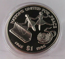 Load image into Gallery viewer, NATIONS UNITED FOR PEACE SILVER PLATED PROOF 1995 REPUBLIC OF LIBERIA $1 COIN
