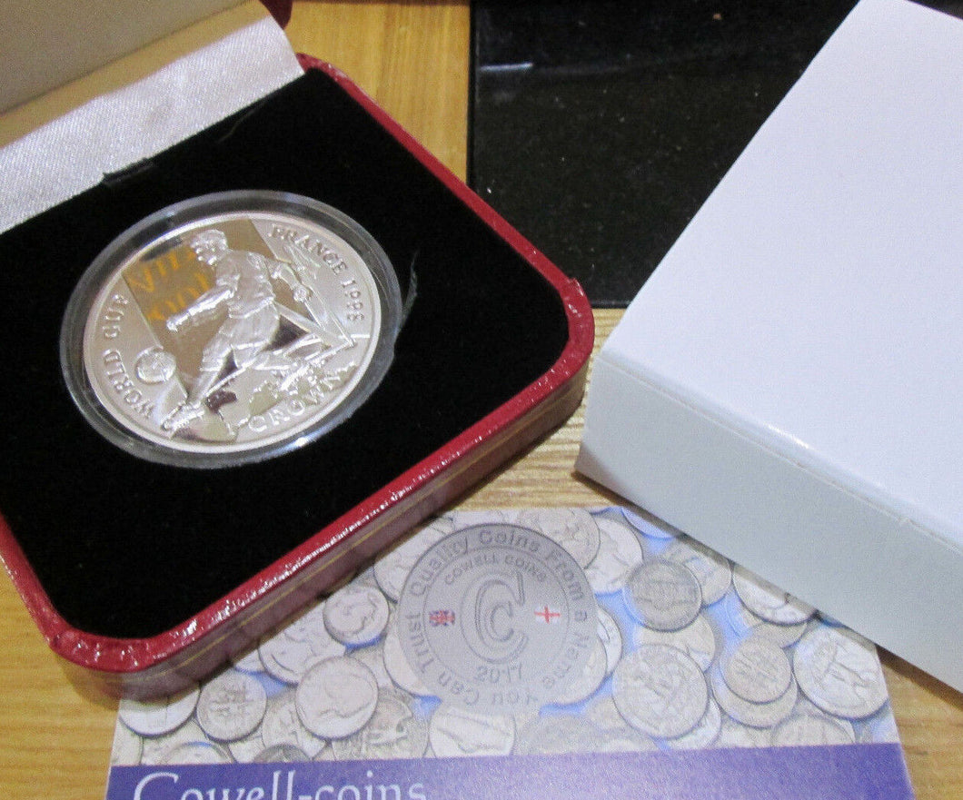 GIBRALTAR 1998 1oz WORLD CUP FOOTBALL STERLING SILVER PROOF CROWN - boxed
