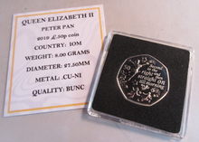 Load image into Gallery viewer, 2019 PETER PAN QEII BUNC 50P FIFTY PENCE COIN WITH QUAD CAPSULE &amp; COA
