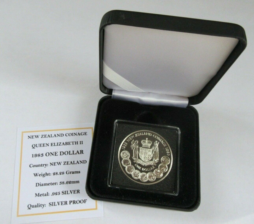 1983 NEW ZEALAND COINAGE QUEEN ELIZABETH II SILVER PROOF 1 DOLLAR COIN BOX & COA