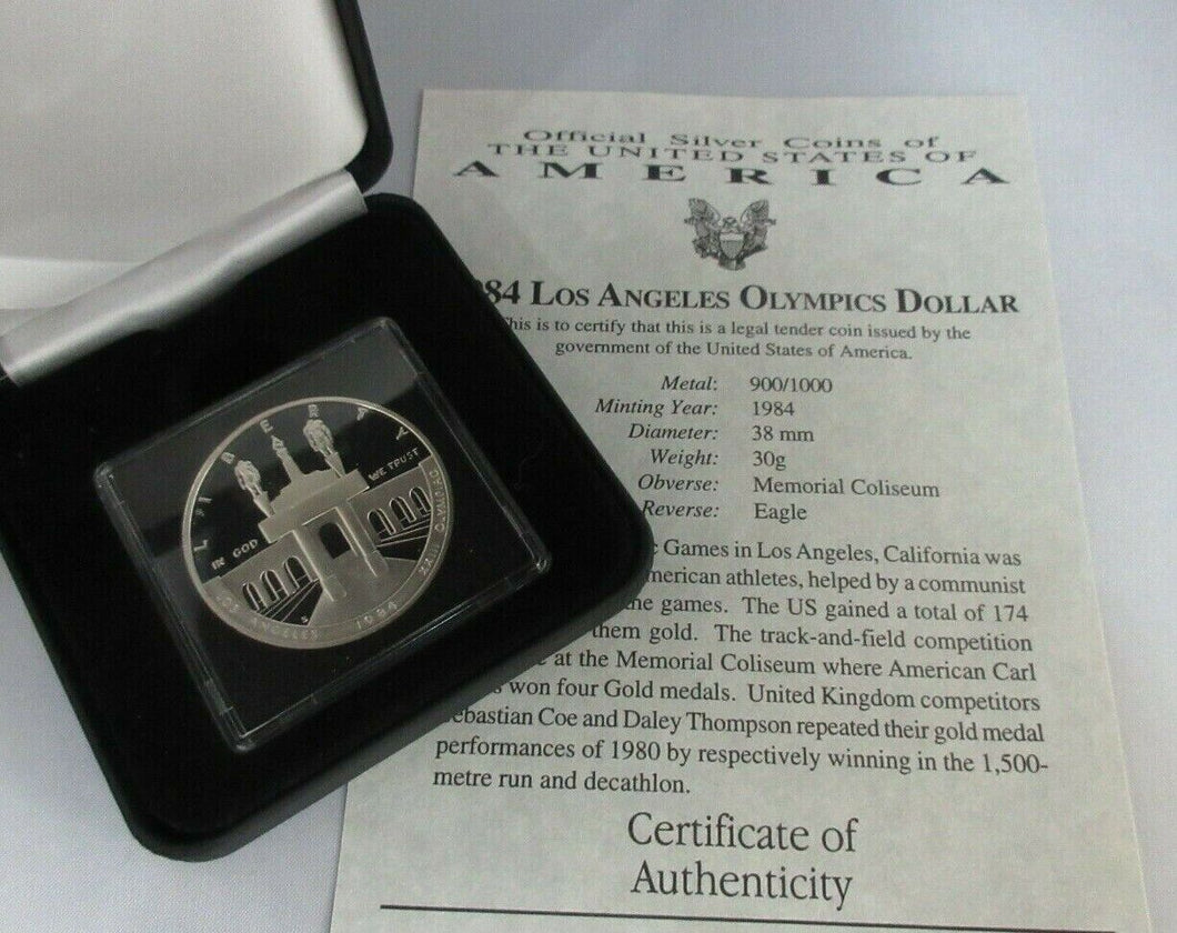 1984 USA MINT SILVER PROOF LOS ANGELES OLYMPICS DOLLAR $1  BOX & COA
