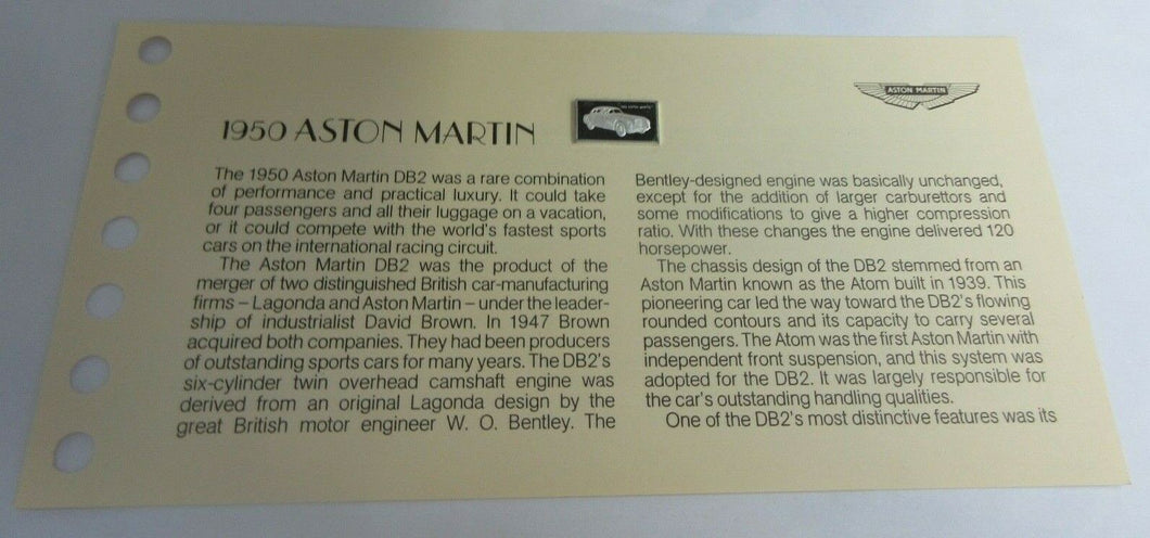 1950 ASTON MARTIN 15mm X 10mm 1.60gram SILVER INGOT WITH INFORMATION SLIP