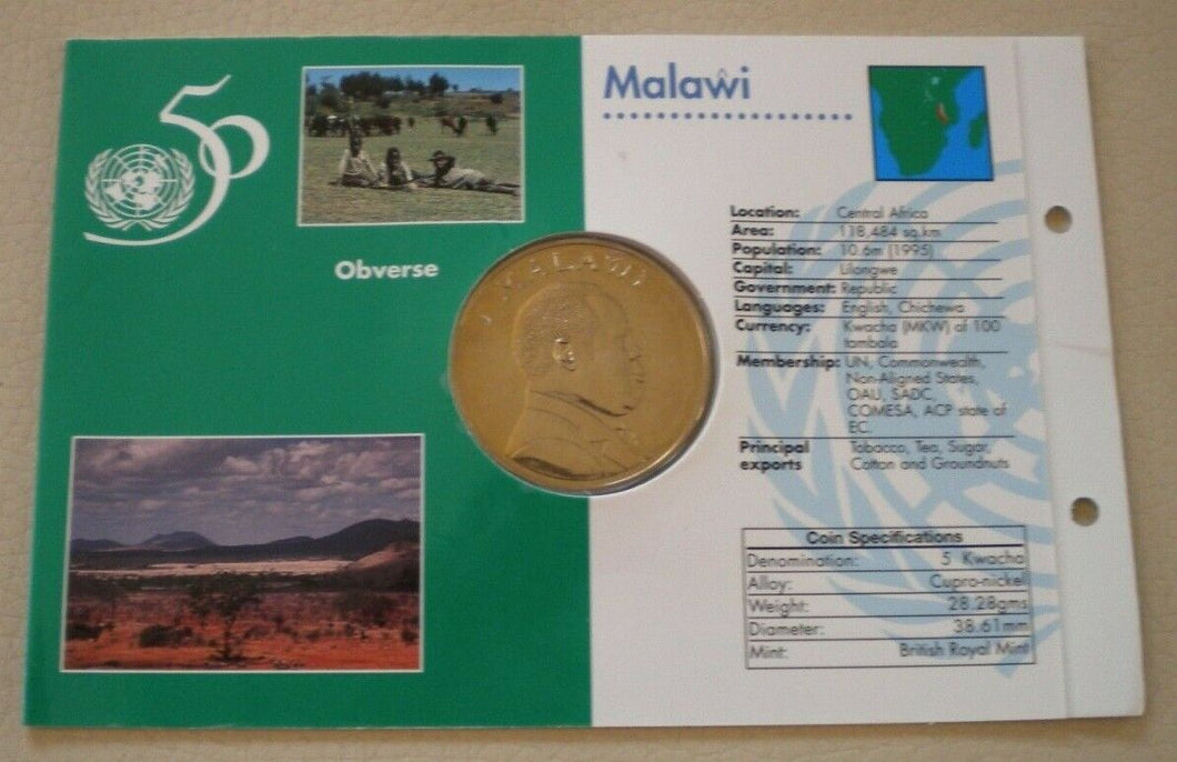 1945-1995 NATIONS UNITED FOR PEACE MALAWI 5 KWACHA COMMEMORATIVE COIN &INFO CARD