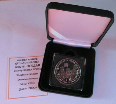 2002 GOLDEN JUBILEE QEII & CHILDREN PROOF SIERRA LEONE $1 COIN BOX & COA